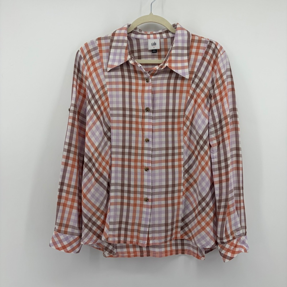 Cabi Womens Small Orange‎ Purple Plaid Button Down Roll Tab Sleeve Shirt